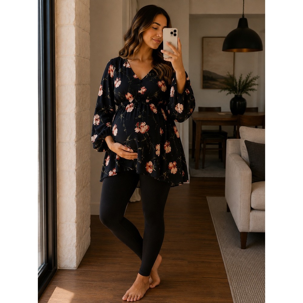 Isabel Maternity Floral V-Neck Empire Waist Tunic Blouse Black Pink XL